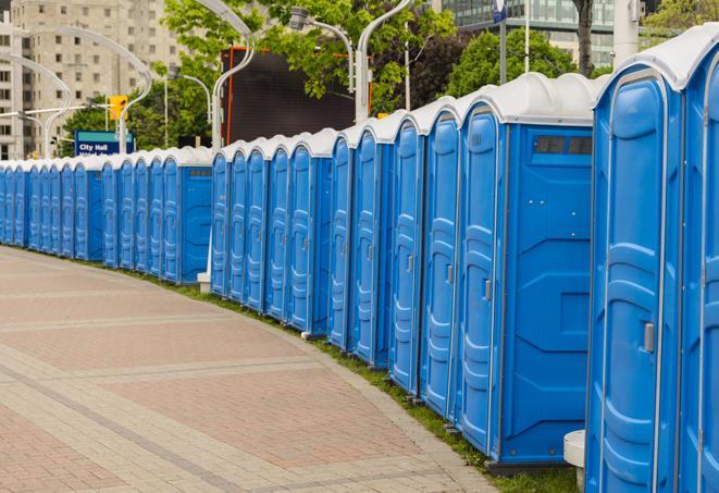 multiple portable restrooms in a neat and tidy row in Collbran